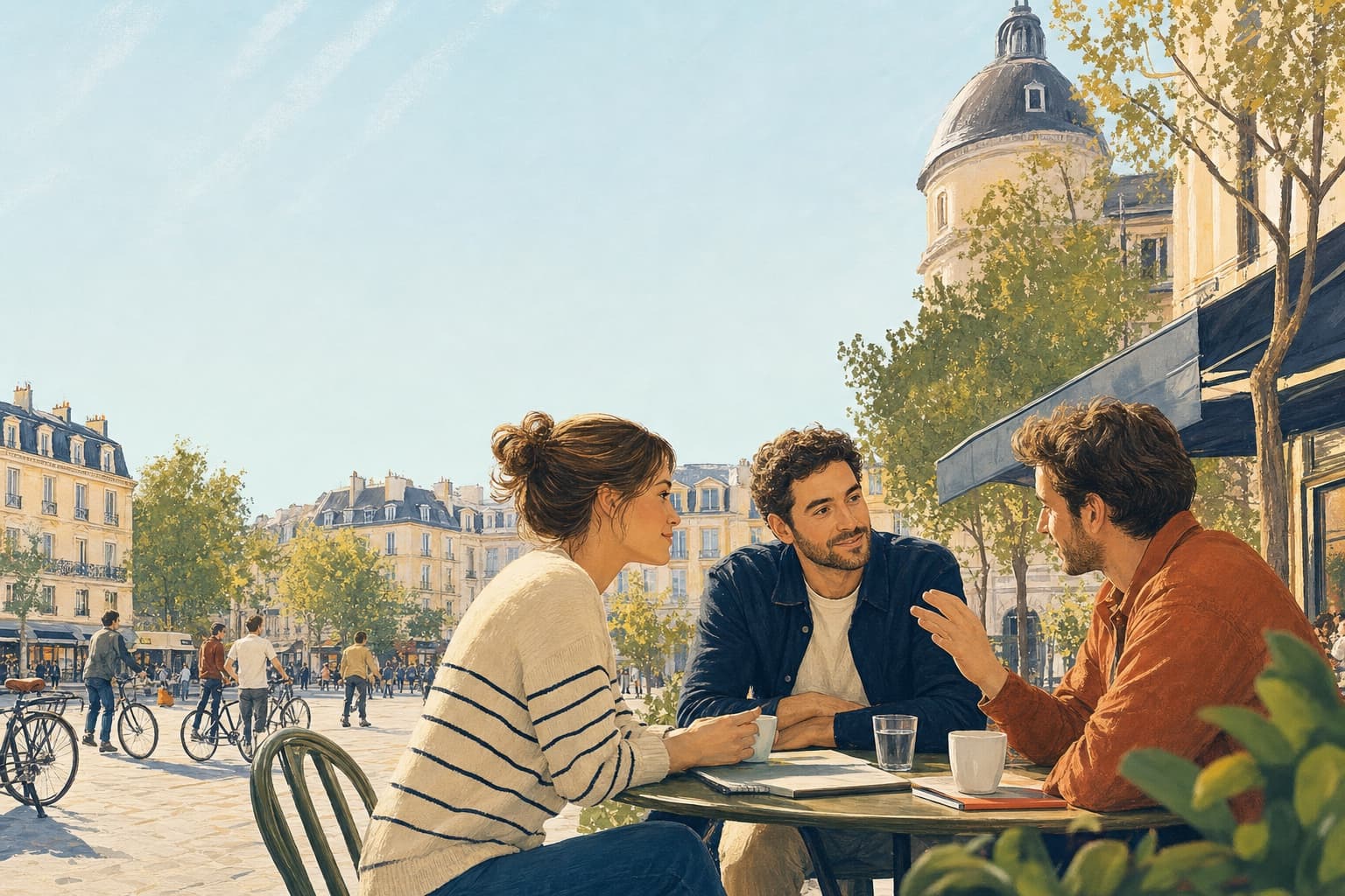 Trois personnes discutent de leur projet d’épargne à la terrasse d’un café